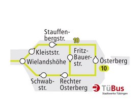 Stauffenbergstraße, Kleiststraße, Wielandshöhe, Schwabstraße, Rechter Osterberg, Fritz-Bauerstraße und Österberg. Die Linie hat die Nummer 10, die in verschiedenen Bereichen der Karte markiert ist. In der Ecke befindet sich das Logo von TüBus, dem Stadtwerke Tübingen.