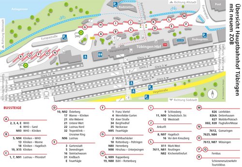 Eine übersichtliche Karte des Hauptbahnhofs Tübingen mit den Gleisen, Haltestellen und wichtigen Einrichtungen. Es zeigt die Bussteige mit entsprechenden Nummern, den Hauptzugang und verschiedene Verkehrsanbindungen, einschließlich Taxis und Parkplätze. Es sind auch Grüne Flächen und Wasserwege in der Umgebung dargestellt.
