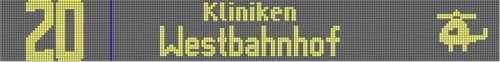 Ein digitaler Anzeigetafel mit gelben Buchstaben auf grauem Hintergrund zeigt die Informationen "20" und "Kliniken Westbahnhof". Neben dem Text befindet sich ein Symbol eines Hubschraubers.