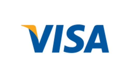 Visa Ein Logo der Visa, das den Schriftzug "VISA" in blauer Schriftart mit einem orangefarbenen Schrägstrich enthält.