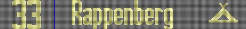Gelbe Pixel auf grauem Hintergrund zeigen die Zahlen "33" und das Wort "Rappenberg" in großen Buchstaben an.